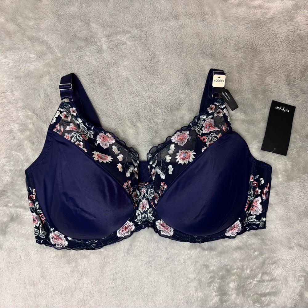 Deesse Navy and Pink Floral Lace Bra 40DDD